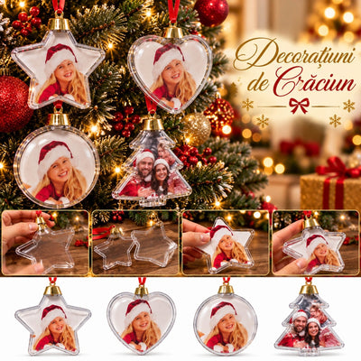 Globuri de Crăciun Personalizabile cu Fotografii, 9–10cm, Transparente, cu Deschidere pentru Introducerea Pozei, Diferite Modele Engros