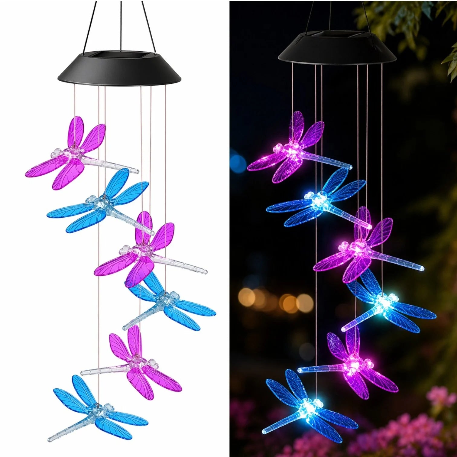 Lampă Solară LED 63cm cu Clopoțel de Vânt, Model cu 6 Libelule din Plastic, Iluminare LED Multicoloră, Panou Solar si Agățătoare Inclusă Engros