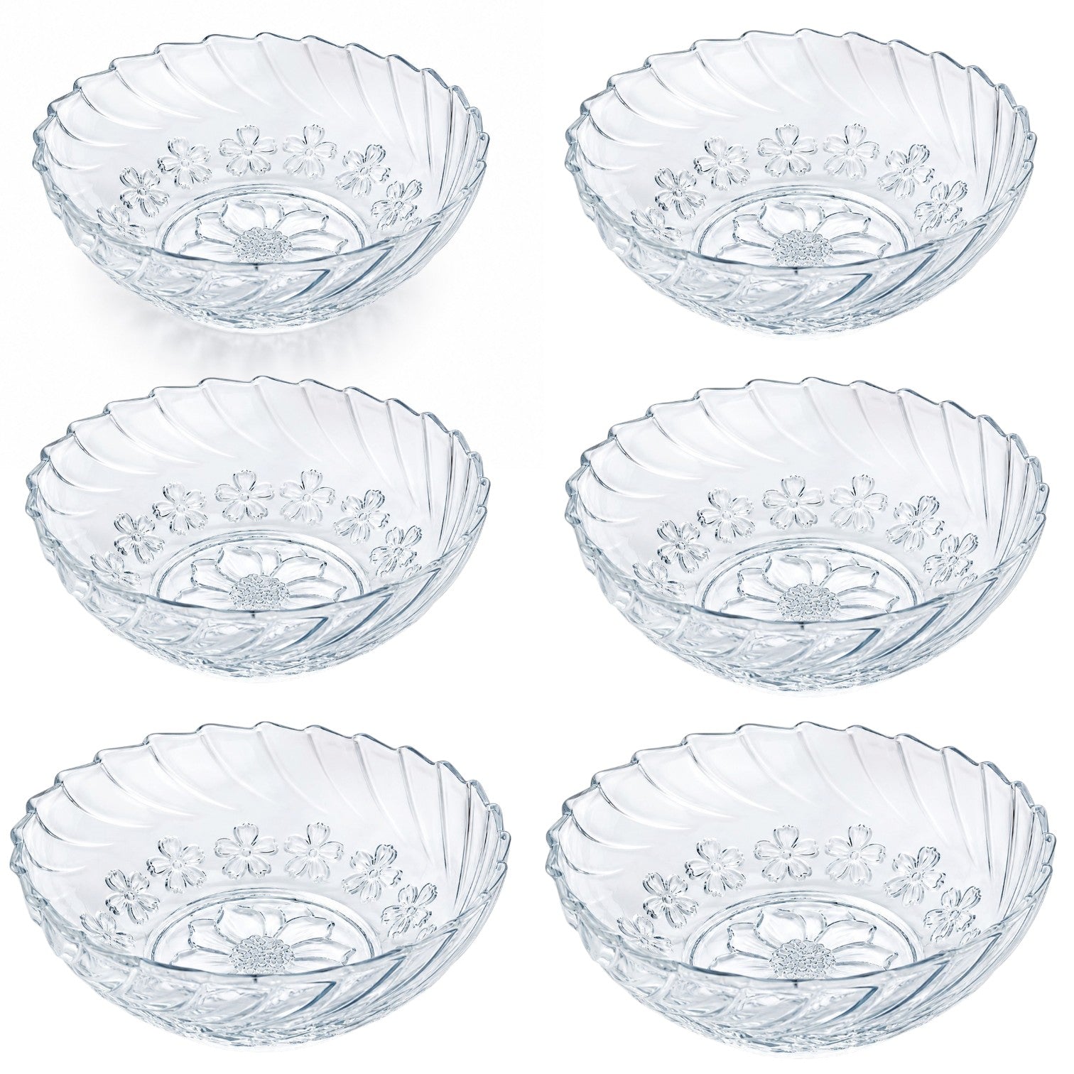 Bol din Sticla 6/set, Model Floral Transparent, 13x5cm, Cristal Engros