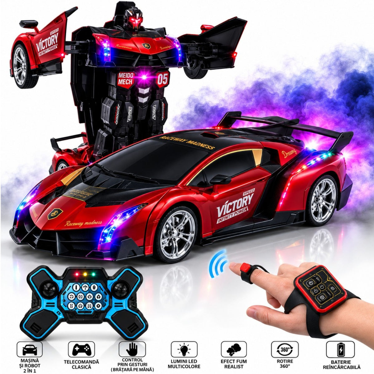 Masina Transformabila in Robot 50x20cm, cu Telecomanda 2.4GHz si Control prin Gesturi, Lumini LED Multicolore, Efect de Fum, Rotire 360°, Sunete, Acumulator Reincarcabil, Diferite Culori Engros