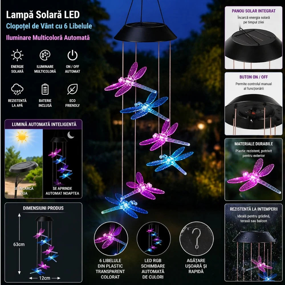 Lampă Solară LED 63cm cu Clopoțel de Vânt, Model cu 6 Libelule din Plastic, Iluminare LED Multicoloră, Panou Solar si Agățătoare Inclusă Engros
