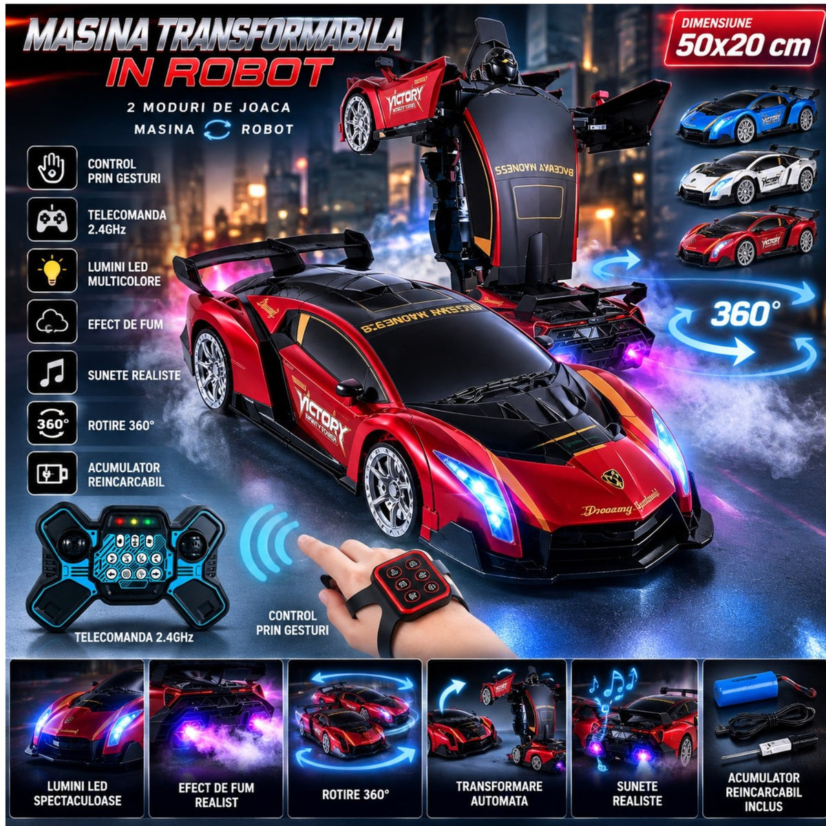 Masina Transformabila in Robot 50x20cm, cu Telecomanda 2.4GHz si Control prin Gesturi, Lumini LED Multicolore, Efect de Fum, Rotire 360°, Sunete, Acumulator Reincarcabil, Diferite Culori Engros