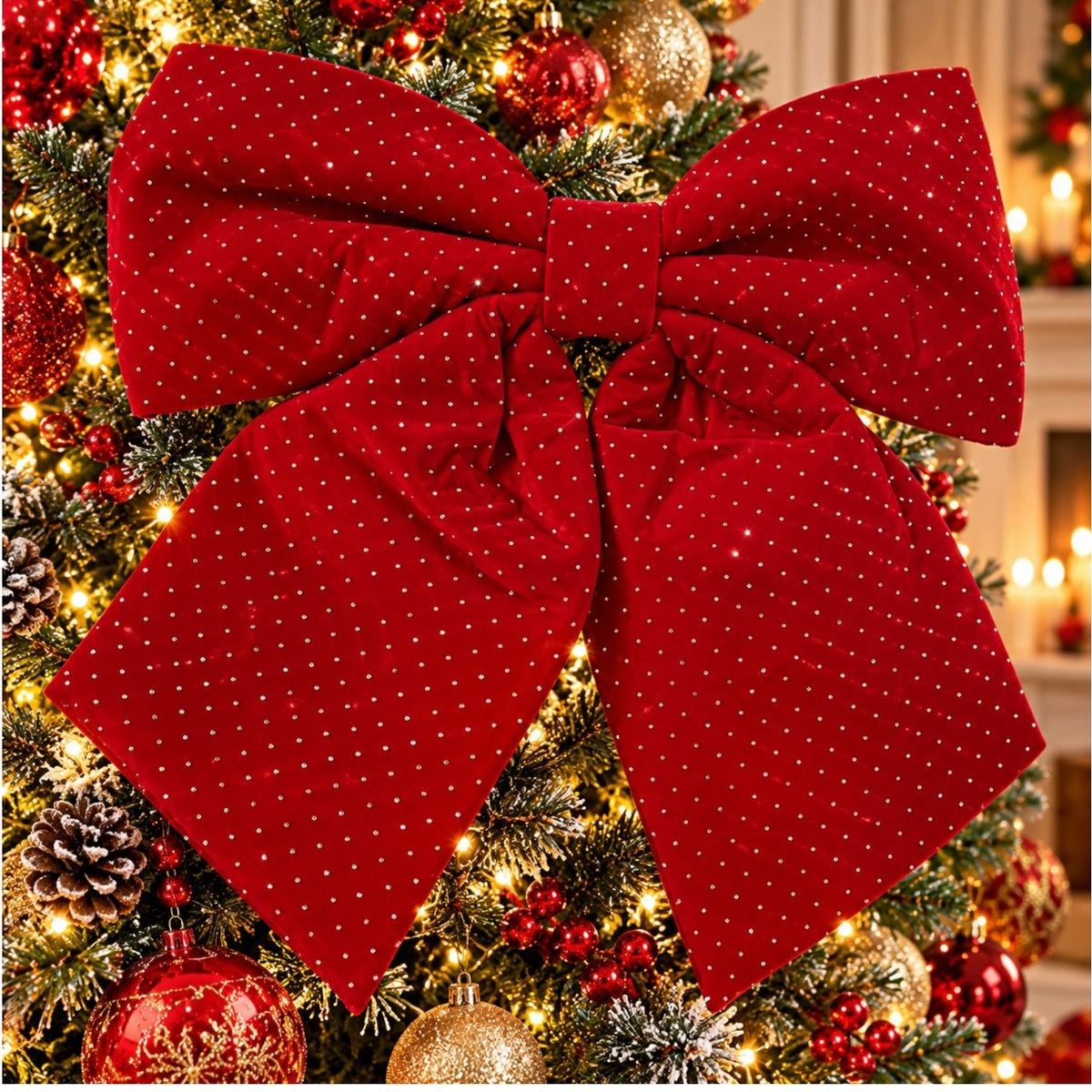 Fundă Decorativă de Crăciun 40x37.5cm, Roșie din Catifea cu Pietricele Strălucitoare, Fundă Mare pentru Brad, Coronițe și Ghirlande Engros