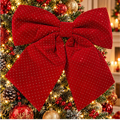 Fundă Decorativă de Crăciun 40x37.5cm, Roșie din Catifea cu Pietricele Strălucitoare, Fundă Mare pentru Brad, Coronițe și Ghirlande Engros