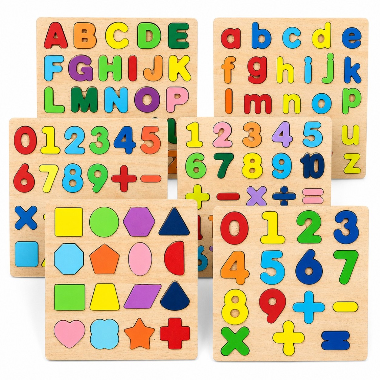 Puzzle Educativ din Lemn 20x20cm, Alfabet, Cifre, Operatii Matematice si Forme Geometrice, Diferite Modele Engros