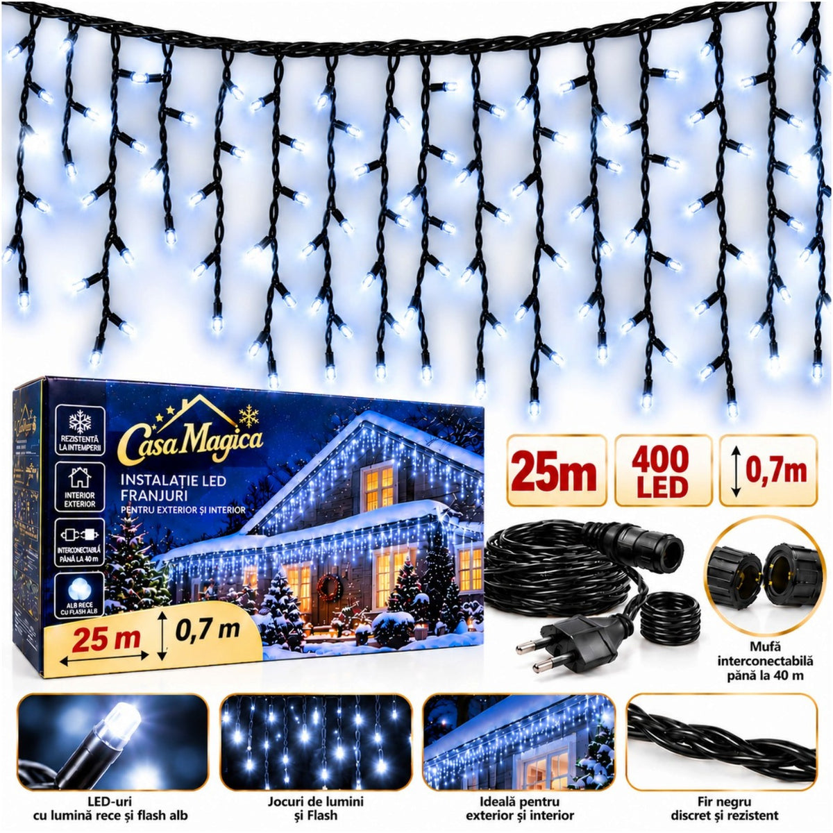 Instalație de Crăciun Tip Franjuri 25m, 400 LED-uri, Lumină Alb Rece, Fir Negru, Jocuri de Lumini și Flash Alb, Mufă Interconectabilă Engros