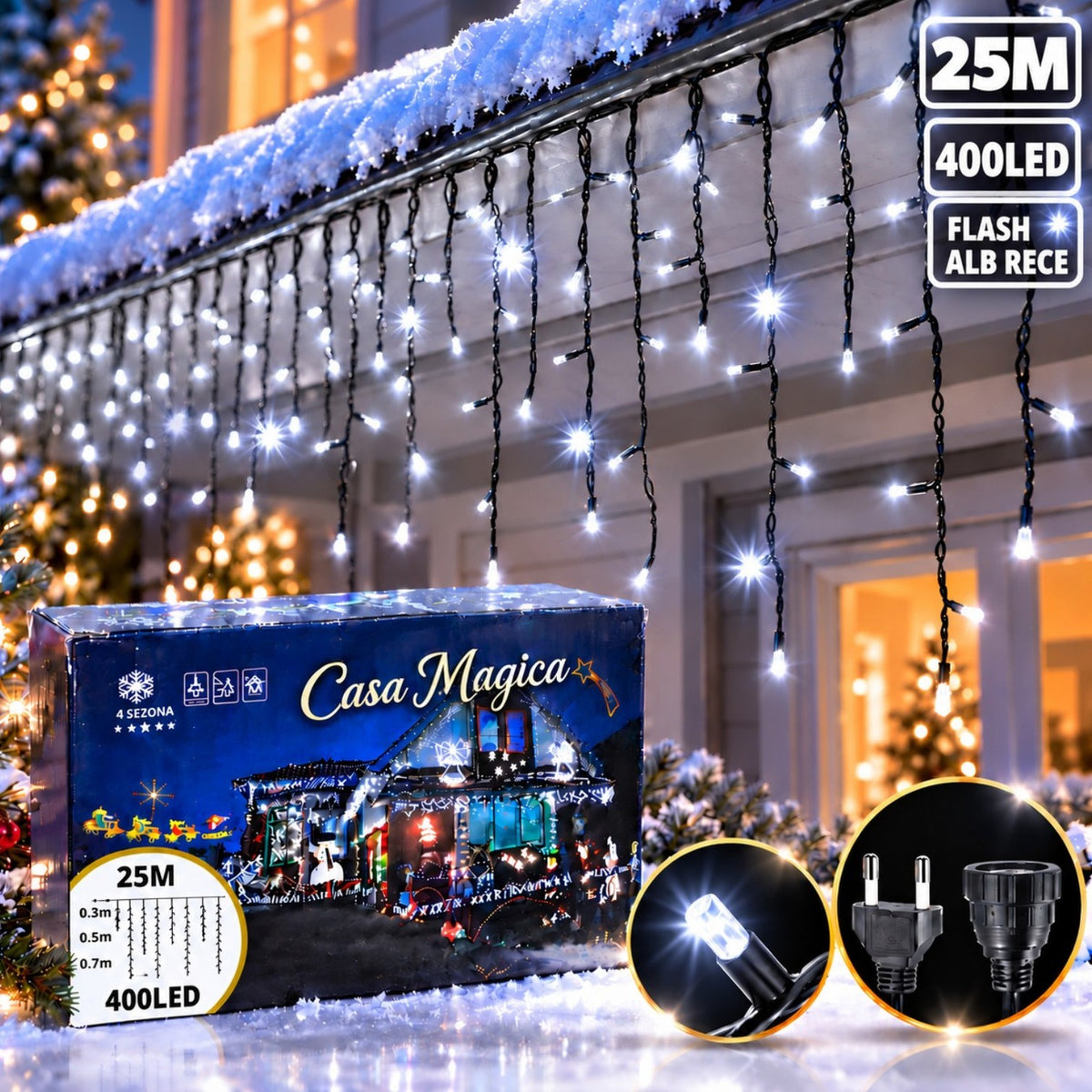 Instalație de Crăciun Tip Franjuri 25m, 400 LED-uri, Lumină Alb Rece, Fir Negru, Jocuri de Lumini și Flash Alb, Mufă Interconectabilă Engros