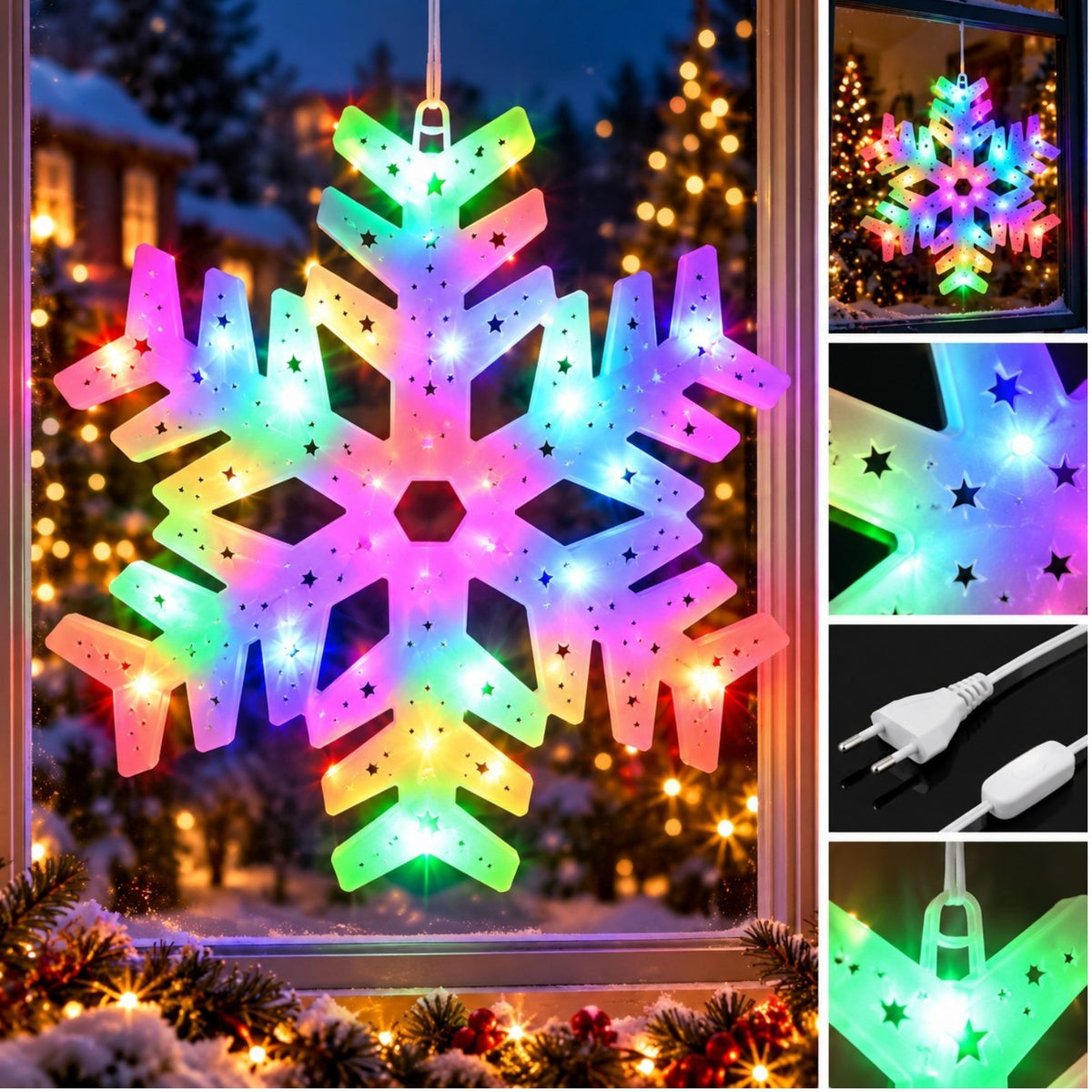 Decoratiune de Crăciun 40x40cm Fulg, Instalatie cu Lumină LED Multicoloră, pentru Interior și Exterior Engros