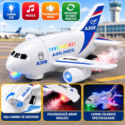 Avion de Jucarie Interactiv A308, 26cm, cu Lumini LED, Muzica, Pulverizare Aburi, Usa Cabina cu Deschidere si Miscare Automata 360° Engros