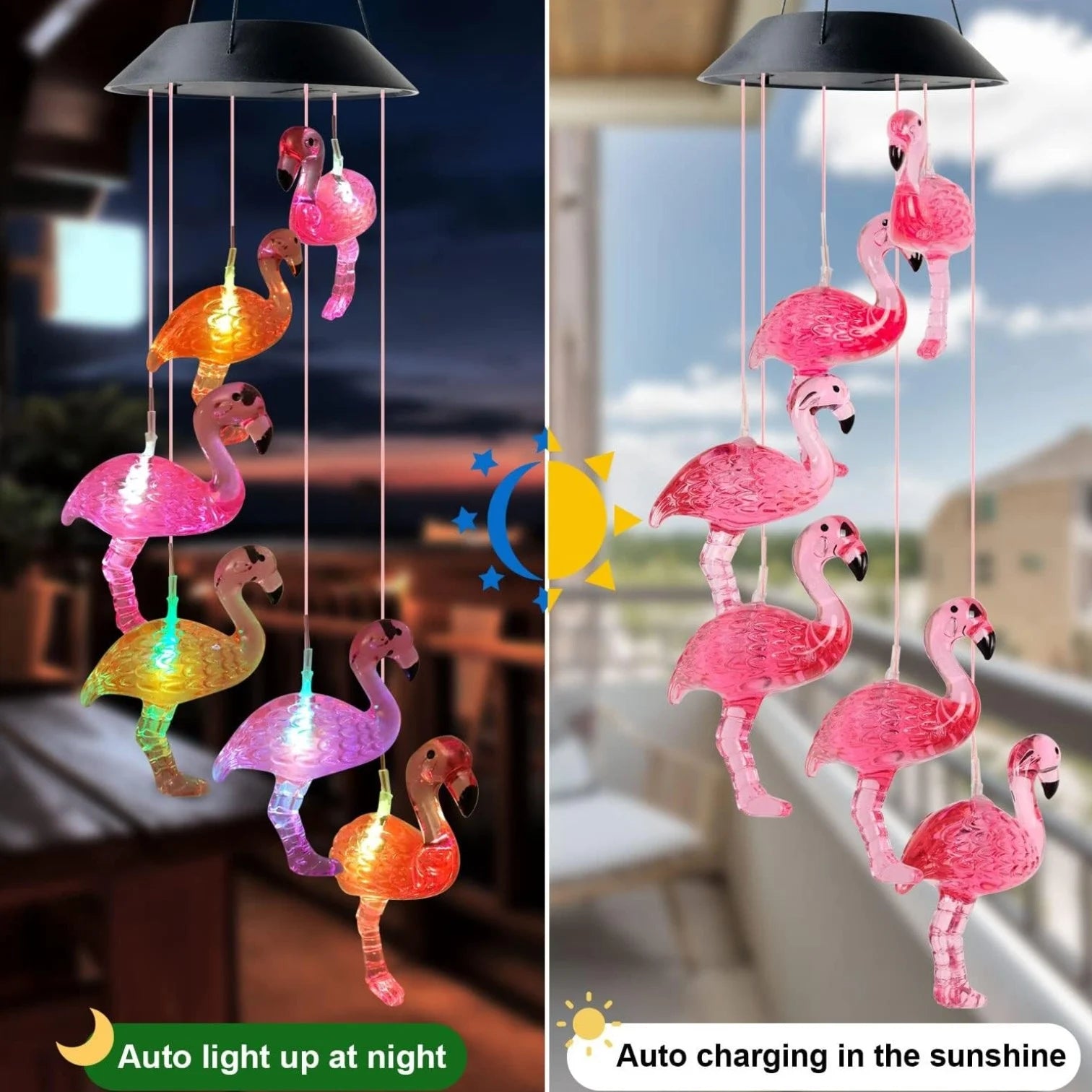 Lampa Solara LED 63cm cu Clopotel de Vant, Model cu 8 Flamingo Roz, Iluminare Multicoloră, Panou Solar si Agățătoare Inclusă Engros