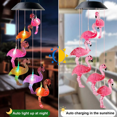 Lampa Solara LED 63cm cu Clopotel de Vant, Model cu 8 Flamingo Roz, Iluminare Multicoloră, Panou Solar si Agățătoare Inclusă Engros