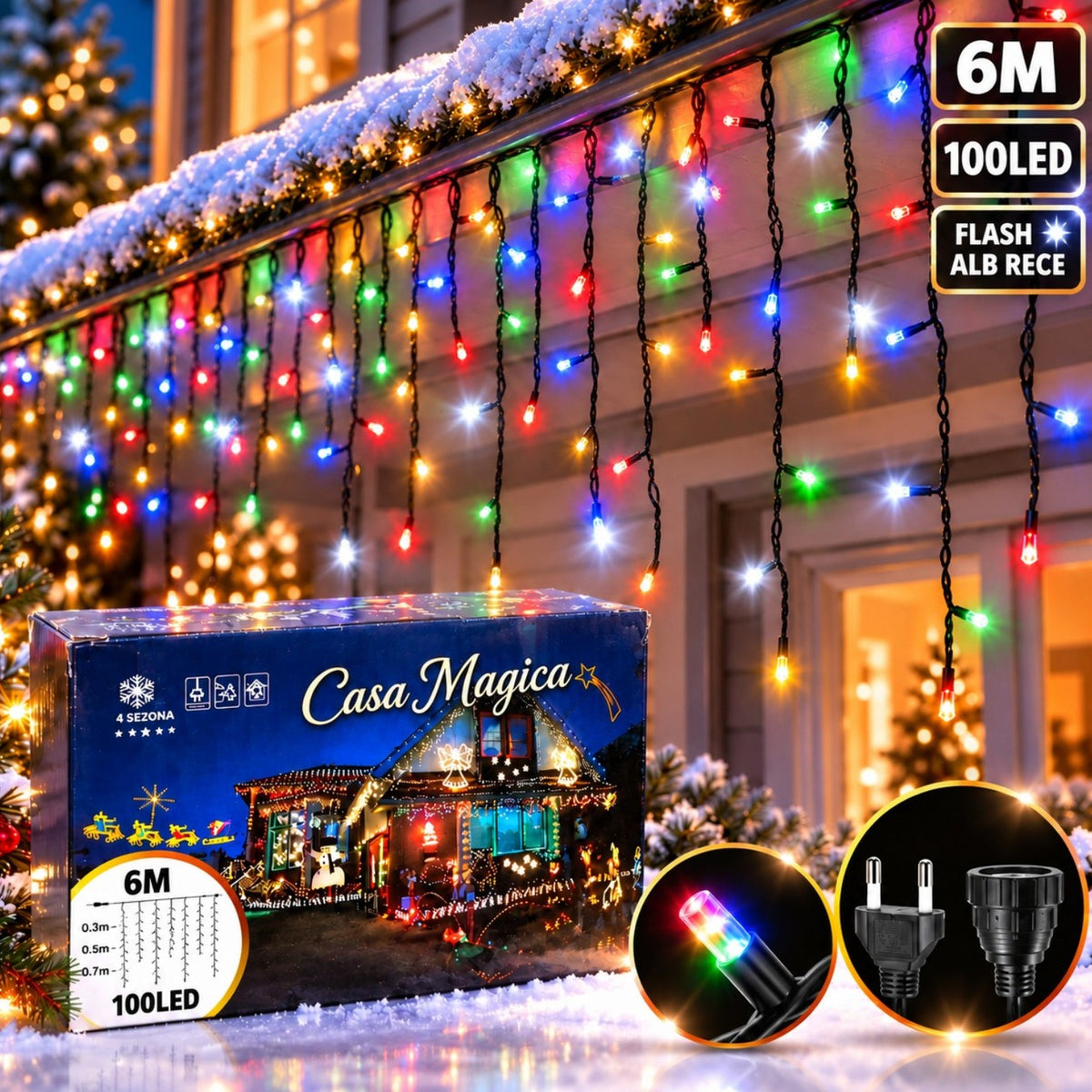 Instalație de Crăciun Tip Franjuri 6m, 100 LED-uri, Lumină Multicolora, Fir Negru, Jocuri de Lumini și Flash Alb, Mufă Interconectabilă Engros
