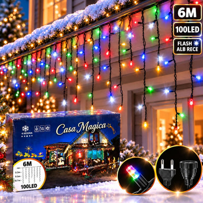 Instalație de Crăciun Tip Franjuri 6m, 100 LED-uri, Lumină Multicolora, Fir Negru, Jocuri de Lumini și Flash Alb, Mufă Interconectabilă Engros