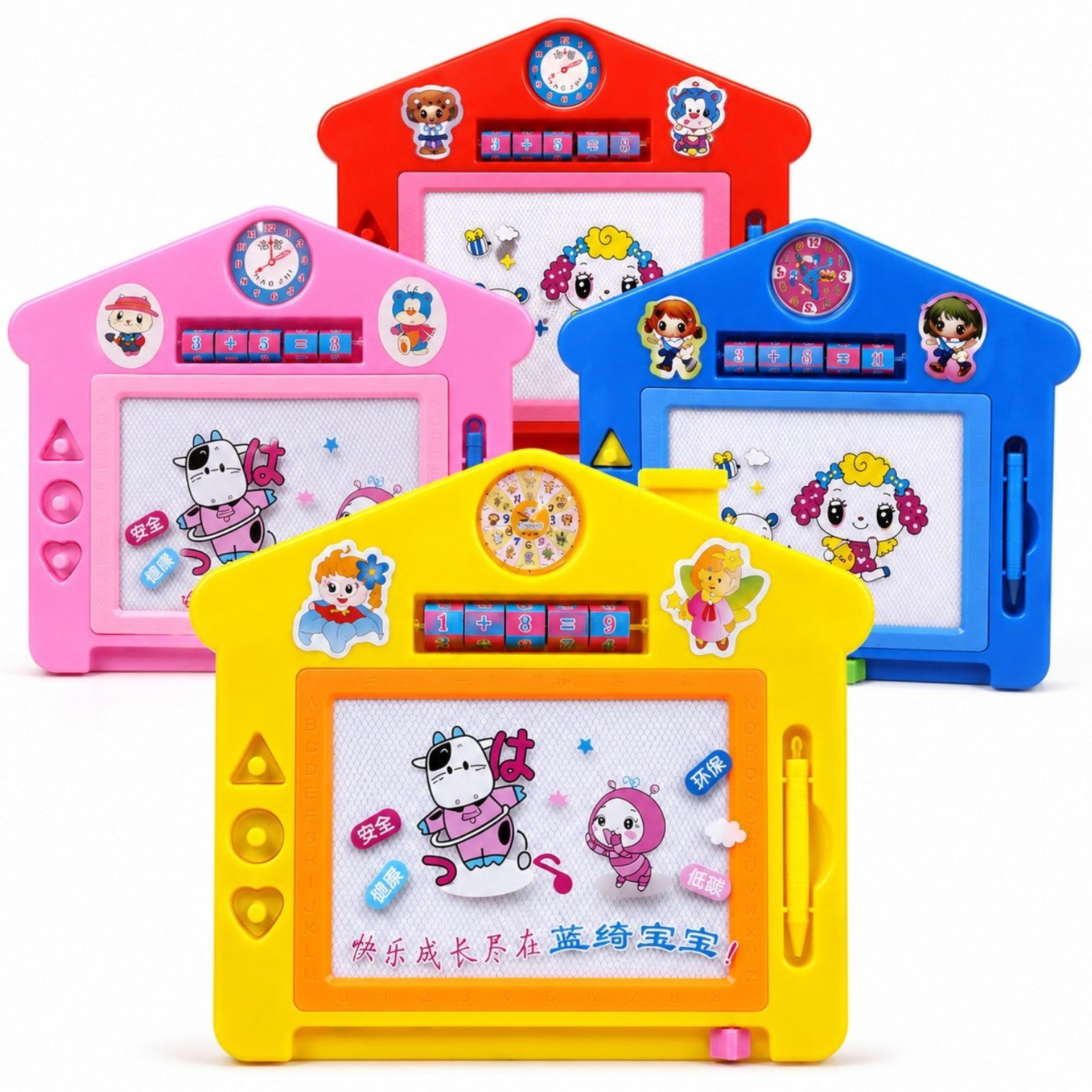 Tabla Magnetica Educativă 27×32cm, în Formă de Căsuță, cu Creion Magnetic și Ștampile în Forme Diferite, Diferite Culori Engros