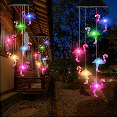 Lampa Solara LED 63cm cu Clopotel de Vant, Model cu 8 Flamingo Roz, Iluminare Multicoloră, Panou Solar si Agățătoare Inclusă Engros