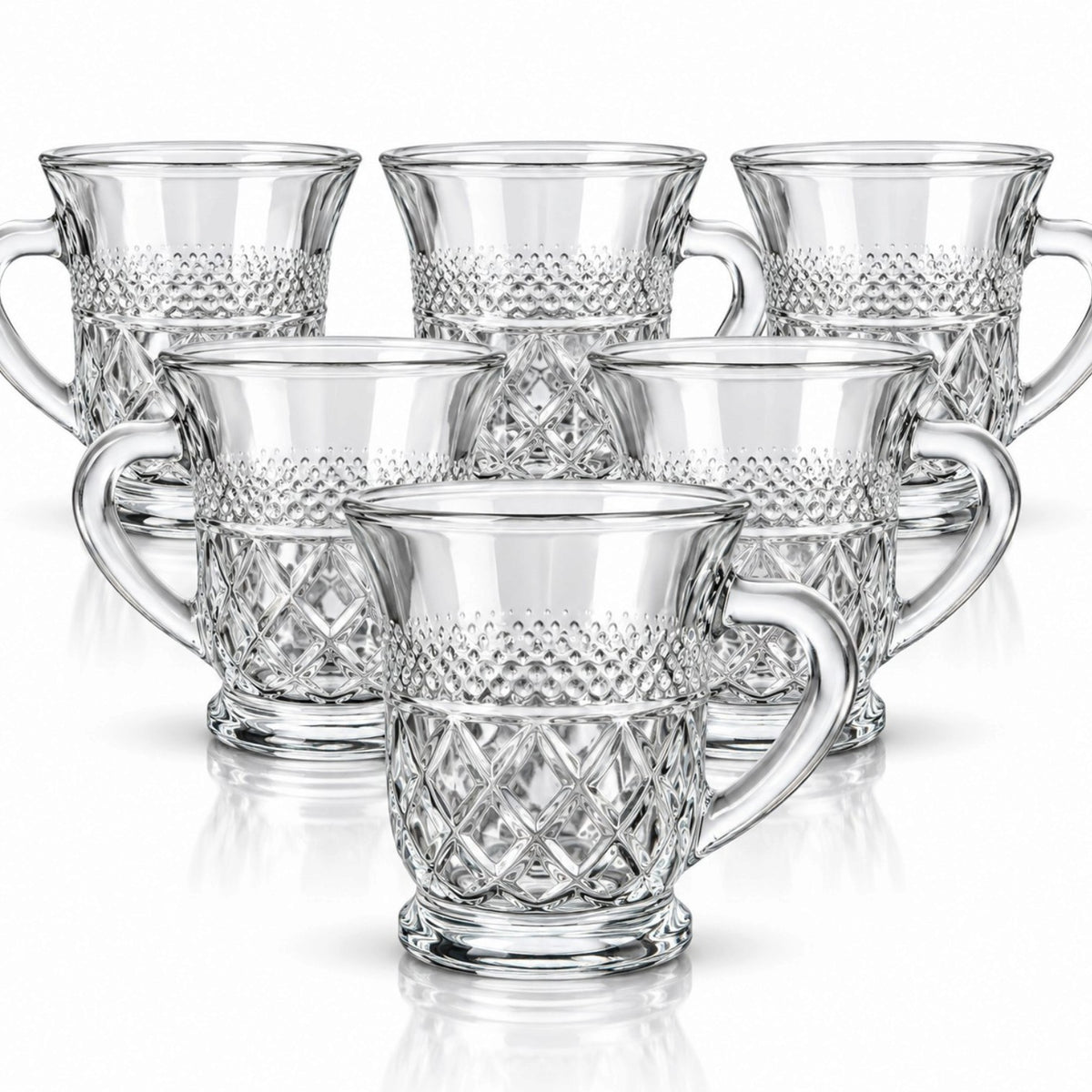 Cana din Sticla 6/Set, Model Cristal cu Romburi, 8x6.5cm, cu Maner Engros