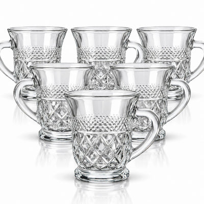 Cana din Sticla 6/Set, Model Cristal cu Romburi, 8x6.5cm, cu Maner Engros