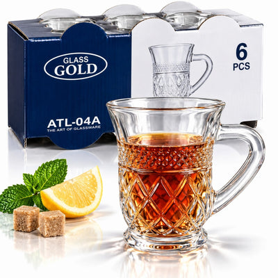 Cana din Sticla 6/Set, Model Cristal cu Romburi, 8x6.5cm, cu Maner Engros