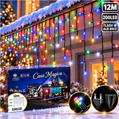 Instalație de Crăciun Tip Franjuri 12m, 200 LED-uri, Lumină Multicolora, Fir Negru, Jocuri de Lumini și Flash Alb, Mufă Interconectabilă Engros