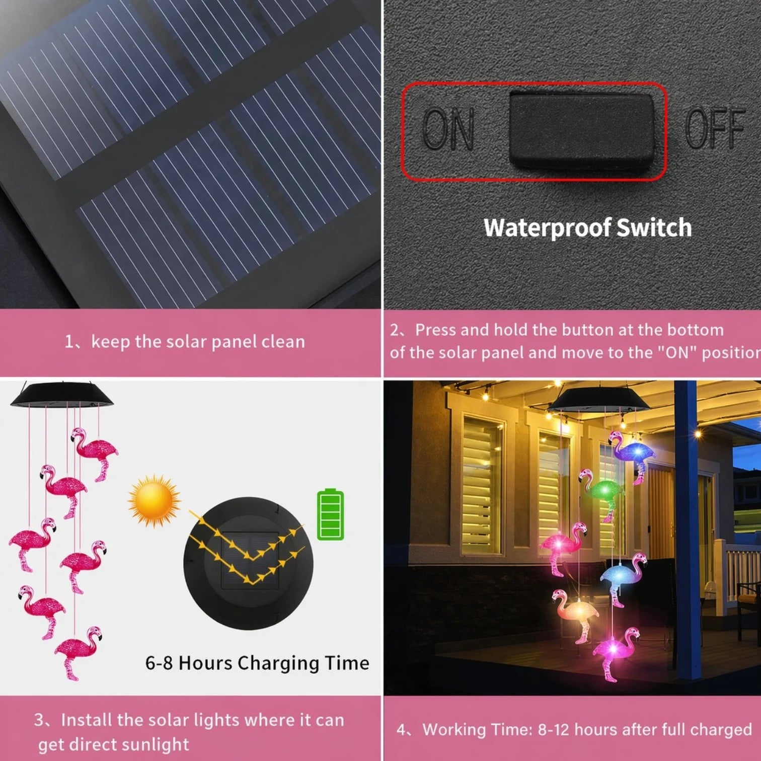Lampa Solara LED 63cm cu Clopotel de Vant, Model cu 8 Flamingo Roz, Iluminare Multicoloră, Panou Solar si Agățătoare Inclusă Engros