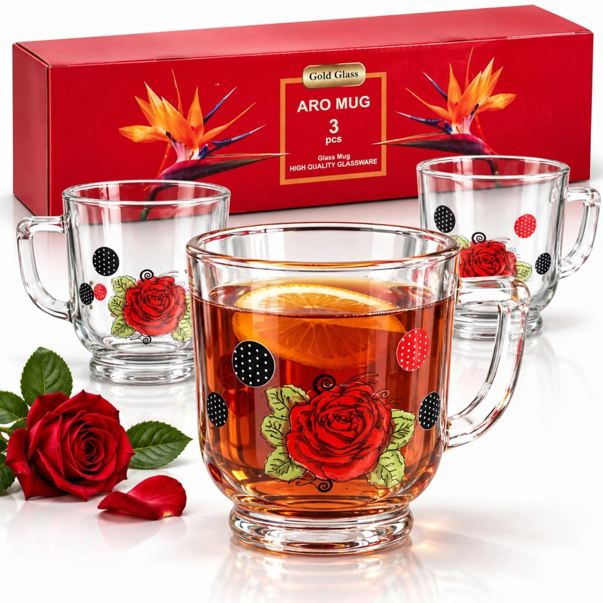 Cana din Sticla 3/Set, Model Aro Colorata cu Trandafir, 8x7.5cm, cu Maner Engros