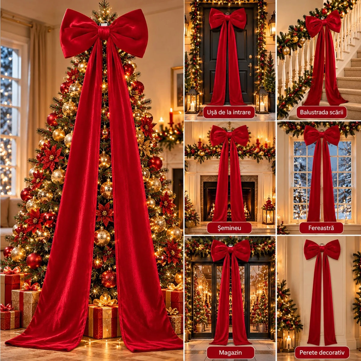 Fundă Decorativă de Crăciun XXL 175cm, din Catifea Roșie, cu Panglici Lungi și Fundă Mare 47x27cm, Agatatoare din Metal pentru Brad Engros