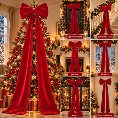 Fundă Decorativă de Crăciun XXL 175cm, din Catifea Roșie, cu Panglici Lungi și Fundă Mare 47x27cm, Agatatoare din Metal pentru Brad Engros