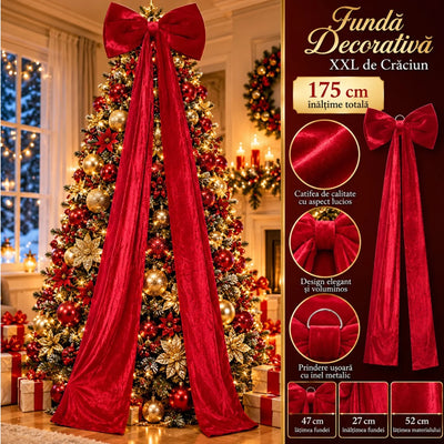 Fundă Decorativă de Crăciun XXL 175cm, din Catifea Roșie, cu Panglici Lungi și Fundă Mare 47x27cm, Agatatoare din Metal pentru Brad Engros