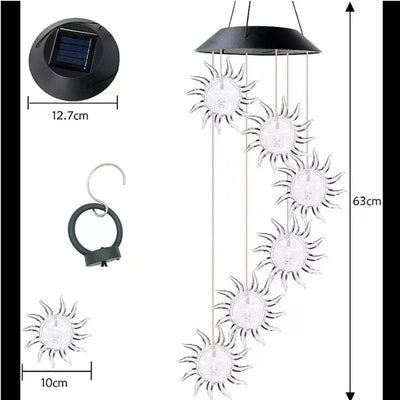 Lampă Solară LED 63cm cu Clopoțel de Vânt, Model cu 6 Soare Decorative 10cm, Iluminare Multicoloră, Panou Solar si Agățătoare Inclusă, Rezistentă la Apă Engros