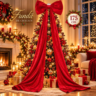 Fundă Decorativă de Crăciun XXL 175cm, din Catifea Roșie, cu Panglici Lungi și Fundă Mare 47x27cm, Agatatoare din Metal pentru Brad Engros