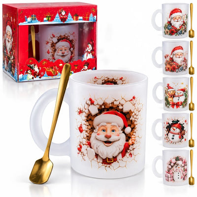 Cana din Sticla Mata 6/set, de Craciun 6/set, cu Lingurita Metalica Aurie, Diferite Modele Engros