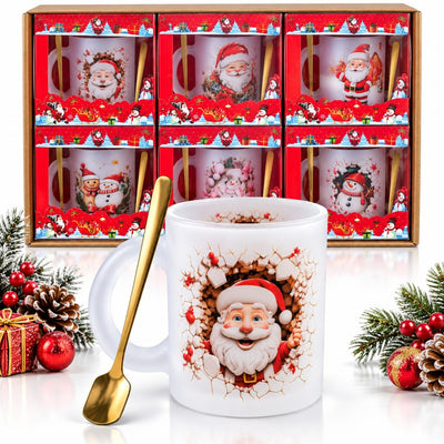 Cana din Sticla Mata 6/set, de Craciun 6/set, cu Lingurita Metalica Aurie, Diferite Modele Engros