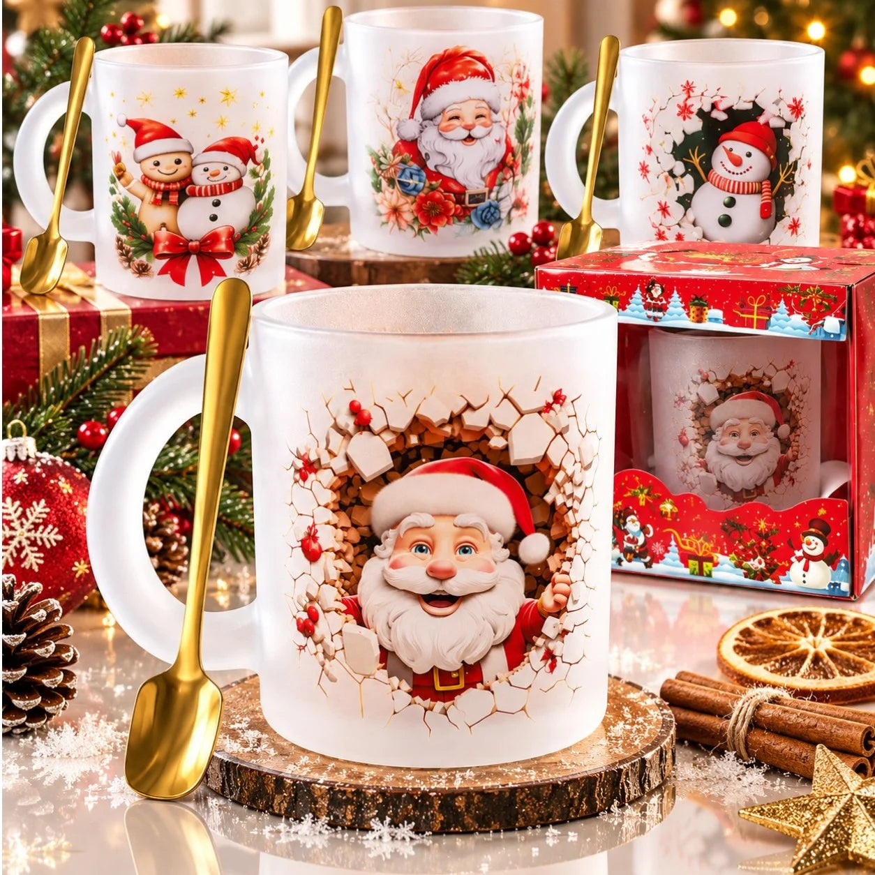 Cana din Sticla Mata 6/set, de Craciun 6/set, cu Lingurita Metalica Aurie, Diferite Modele Engros