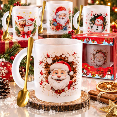 Cana din Sticla Mata 6/set, de Craciun 6/set, cu Lingurita Metalica Aurie, Diferite Modele Engros