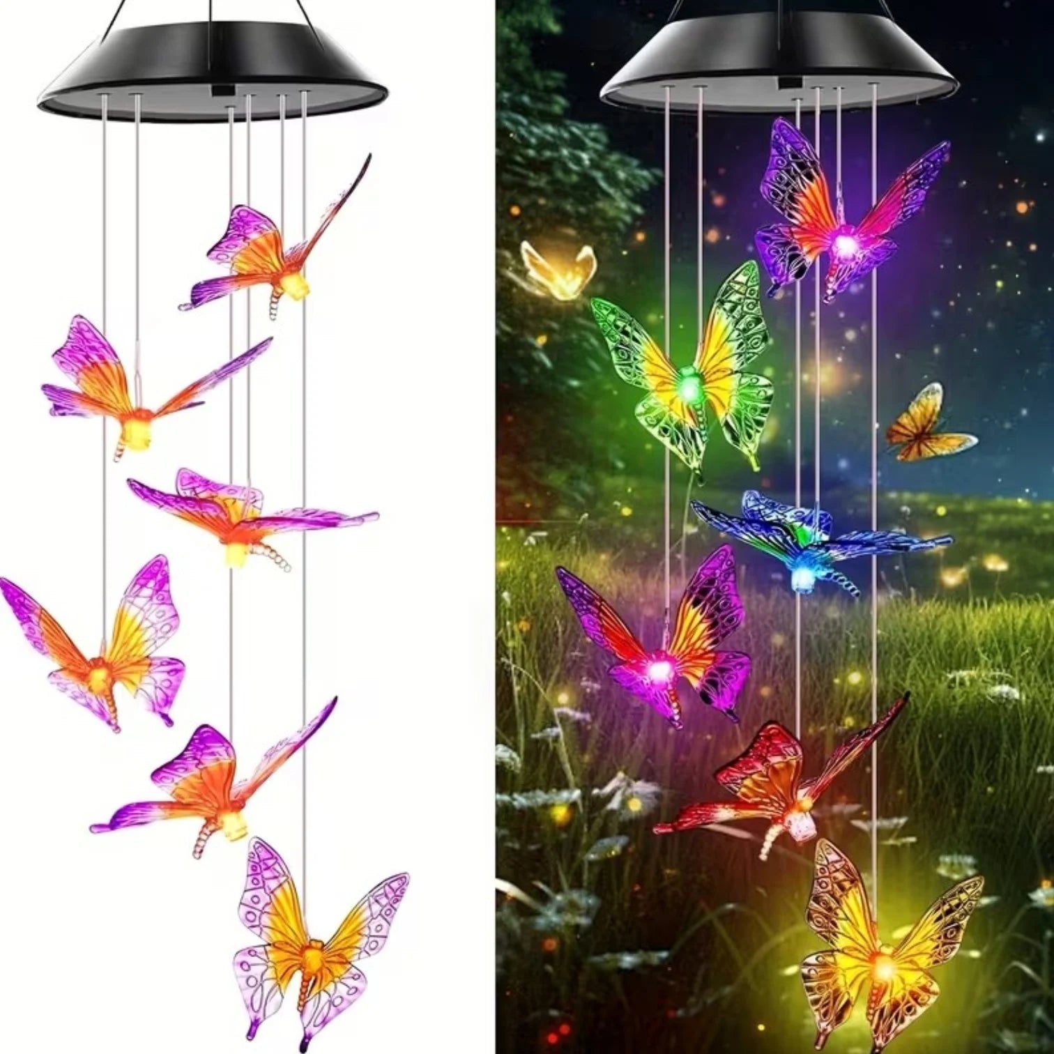 Lampa Solara LED 70cm cu Clopotel de Vant, Model cu 6 Fluturasi Multicolori, Panou Solar si Agățătoare Inclusă din Plastic Engros