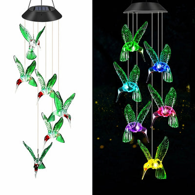 Lampa Solara LED 63cm cu Clopotel de Vant, Model cu 6 Libelule Multicolore din Sticla Engros