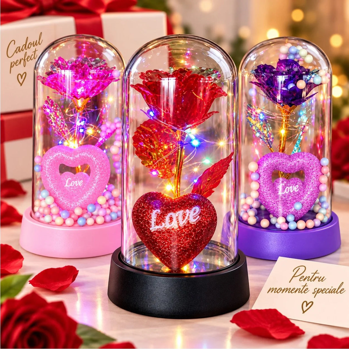 Trandafir Cristalizat 15x8cm cu Lumina LED Multicolor sub Cupola Transparenta, cu Inima si Bilute Decorative, Diferite Culori Engros