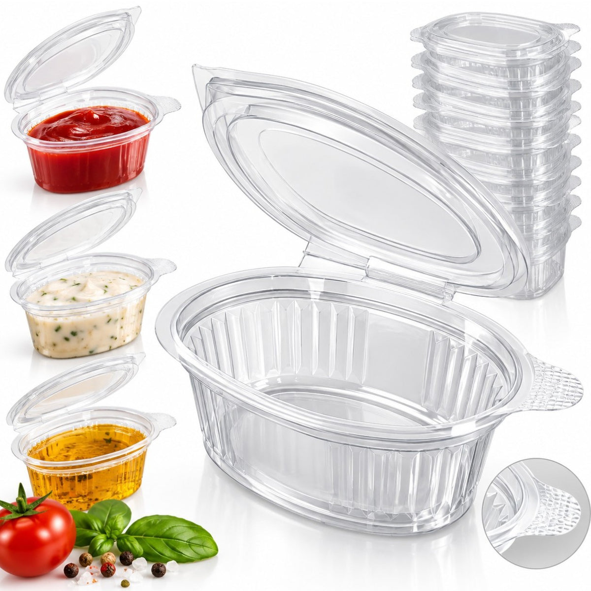 Sosiera din Plastic 80ml cu Capac Atasat, 8x6x4cm, Transparente, 100/set pentru Sosuri, Unica Folosinta Engros
