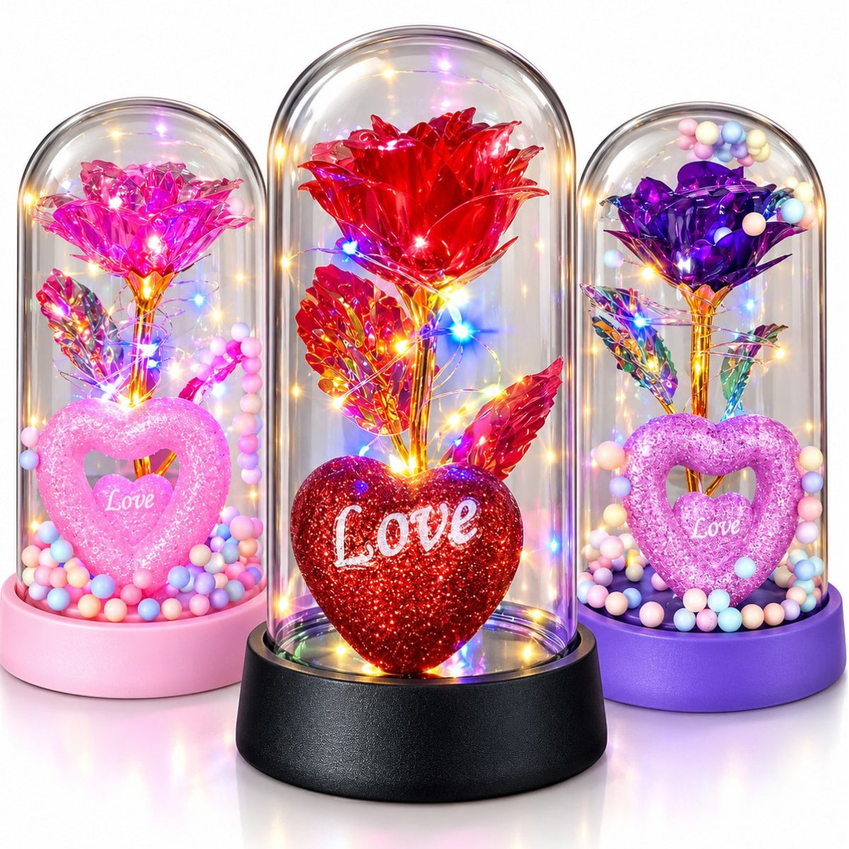 Trandafir Cristalizat 15x8cm cu Lumina LED Multicolor sub Cupola Transparenta, cu Inima si Bilute Decorative, Diferite Culori Engros