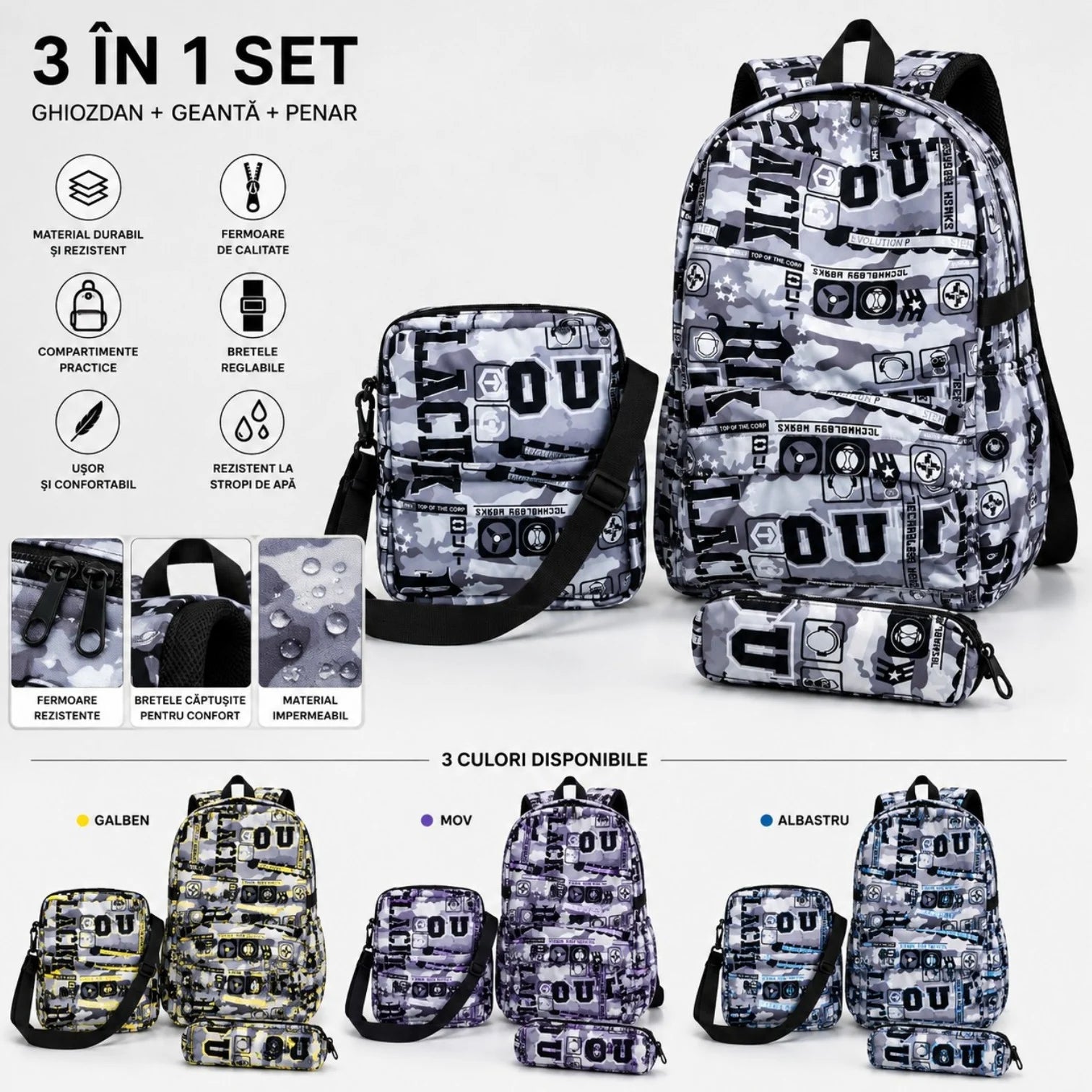 Ghiozdan Școlar 3 în 1, cu 2 Fermoare, 40×30×15cm Geantă de Umăr și Penar, Diferite Culori Engros