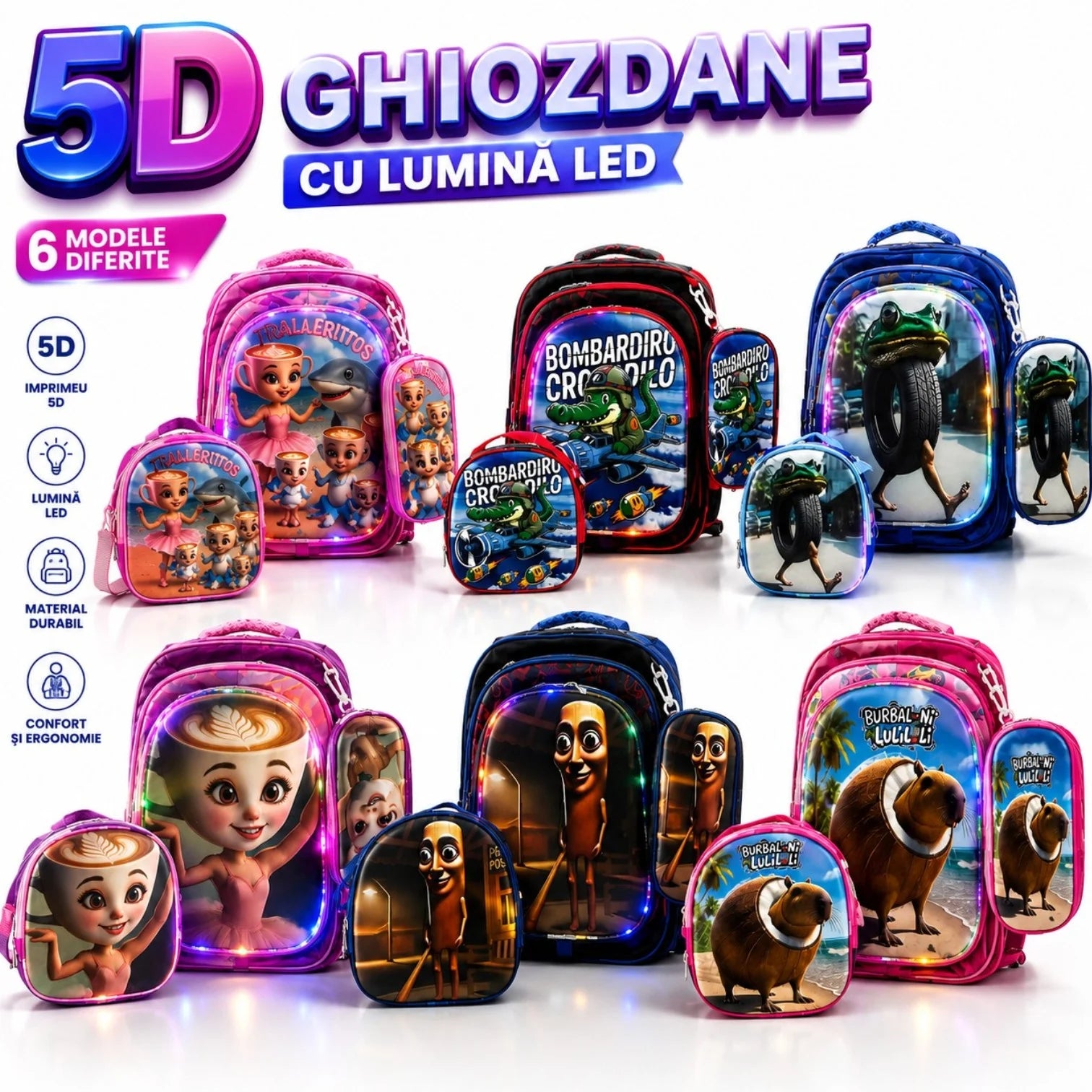 Ghiozdan Școlar 5D, cu Lumini LED 3 în 1, Diferite Modele Brainrot 42×32×15cm, cu 3 Fermoare, Geantă de Umăr Termoizolantă și Penar Engros