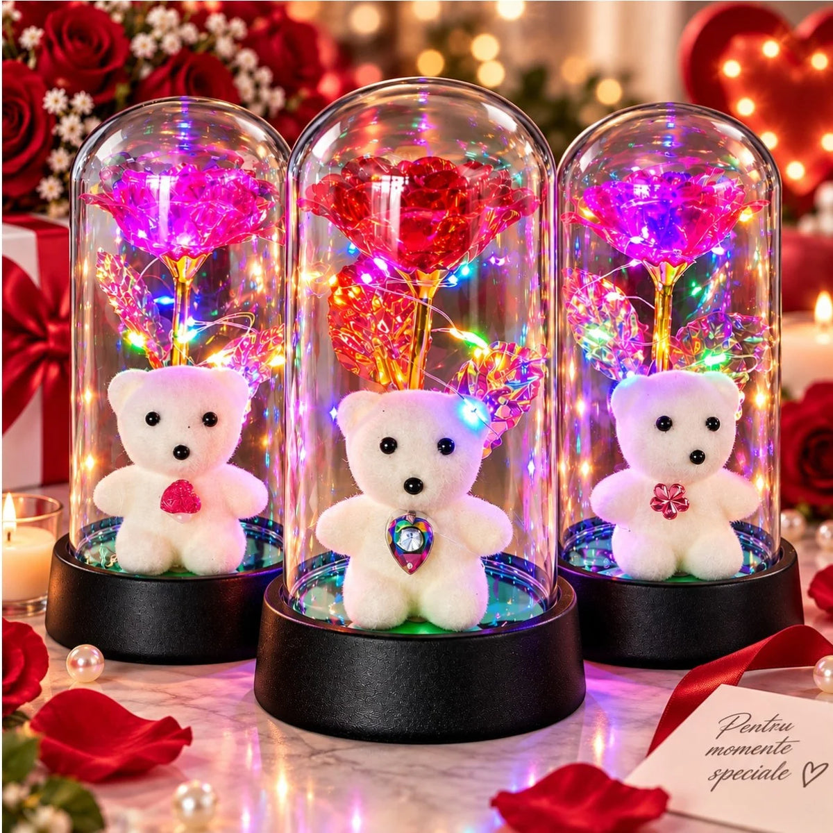 Trandafir Cristalizat 15x8cm cu Lumina LED Multicolor sub Cupola Transparenta, cu Ursulet Decorativ, Diferite Culori Engros