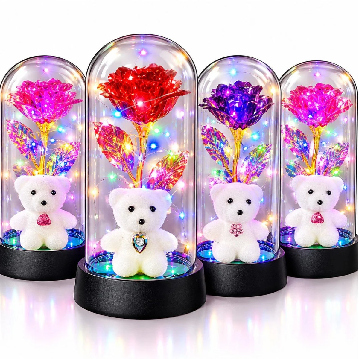 Trandafir Cristalizat 15x8cm cu Lumina LED Multicolor sub Cupola Transparenta, cu Ursulet Decorativ, Diferite Culori Engros