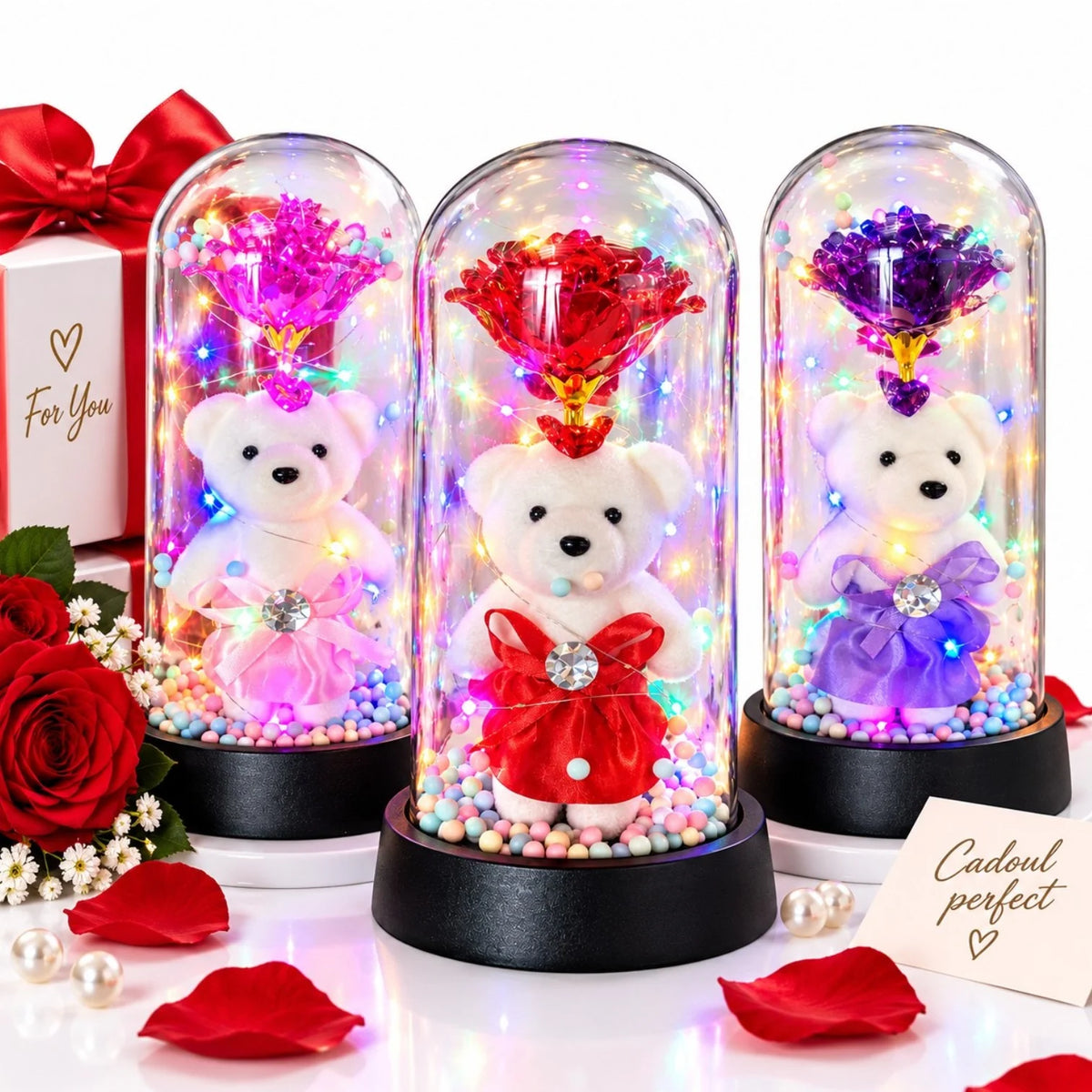 Trandafir Cristalizat 20x9.5cm cu Lumina LED Multicolor sub Cupola Transparenta, cu Ursulet Decorativ, Diferite Culori Engros