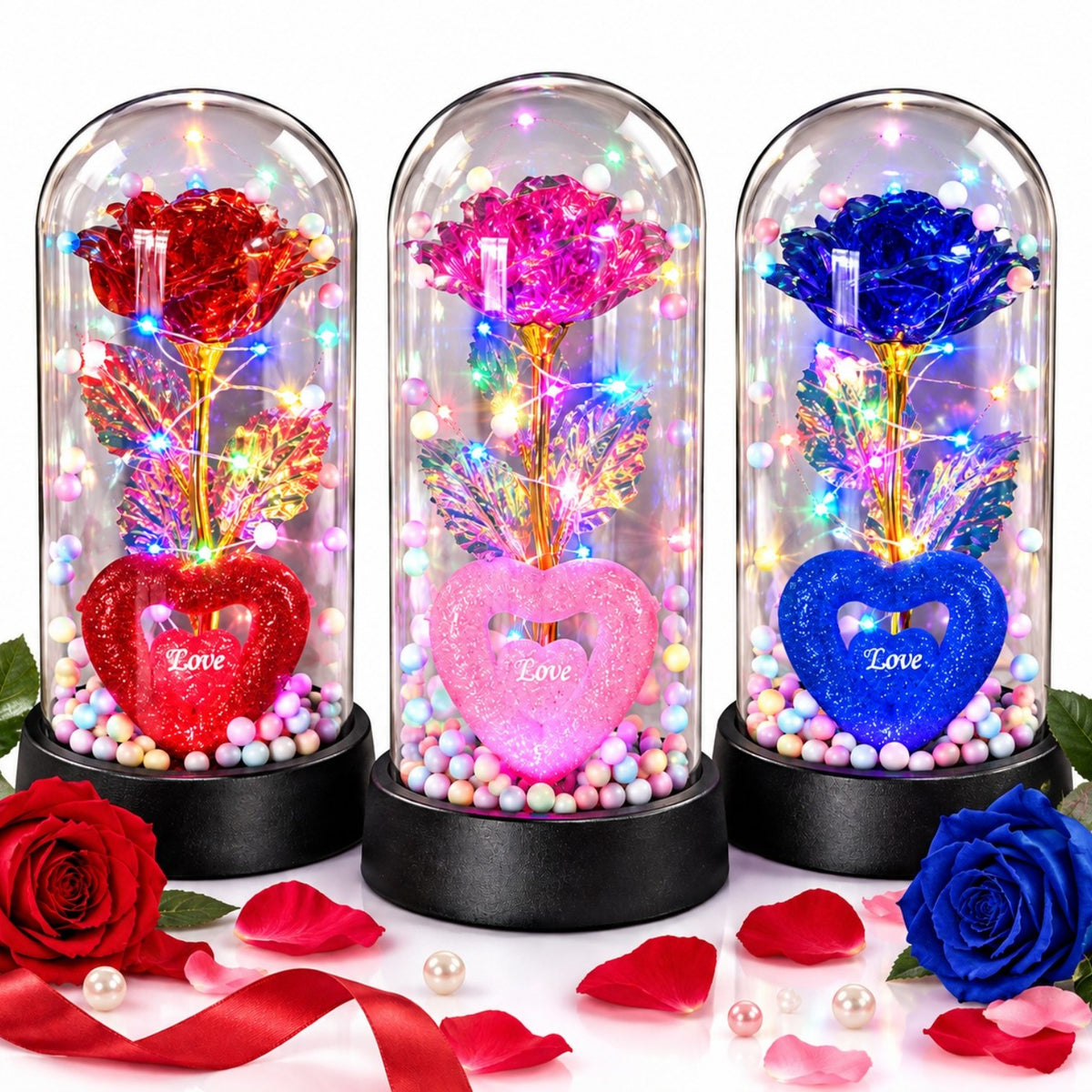 Trandafir Cristalizat 20x9.5cm cu Lumina LED Multicolor sub Cupola Transparenta, cu Inima si Bilute Decorative, Diferite Culori Engros
