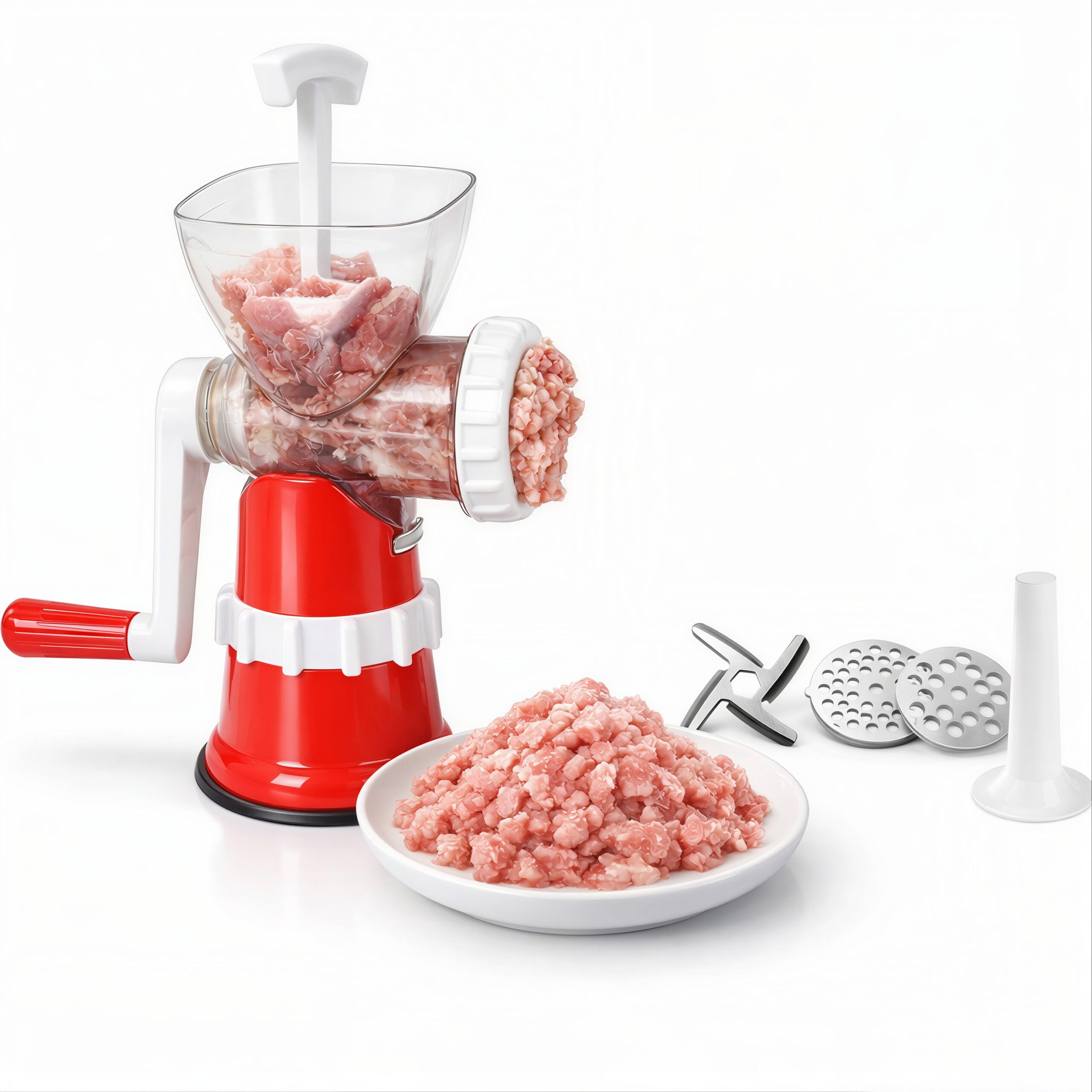 Tocător Carne Manual 24x15 cm din Plastic, cu Bază Antialunecare și Accesorii pentru Tocare și Umplere Cârnați Diferite Culori Engros