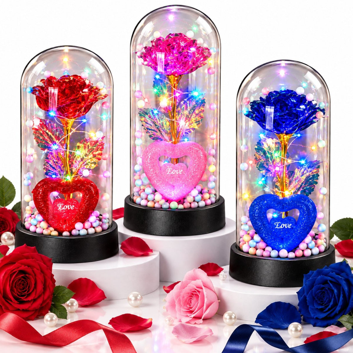 Trandafir Cristalizat 20x9.5cm cu Lumina LED Multicolor sub Cupola Transparenta, cu Inima si Bilute Decorative, Diferite Culori Engros