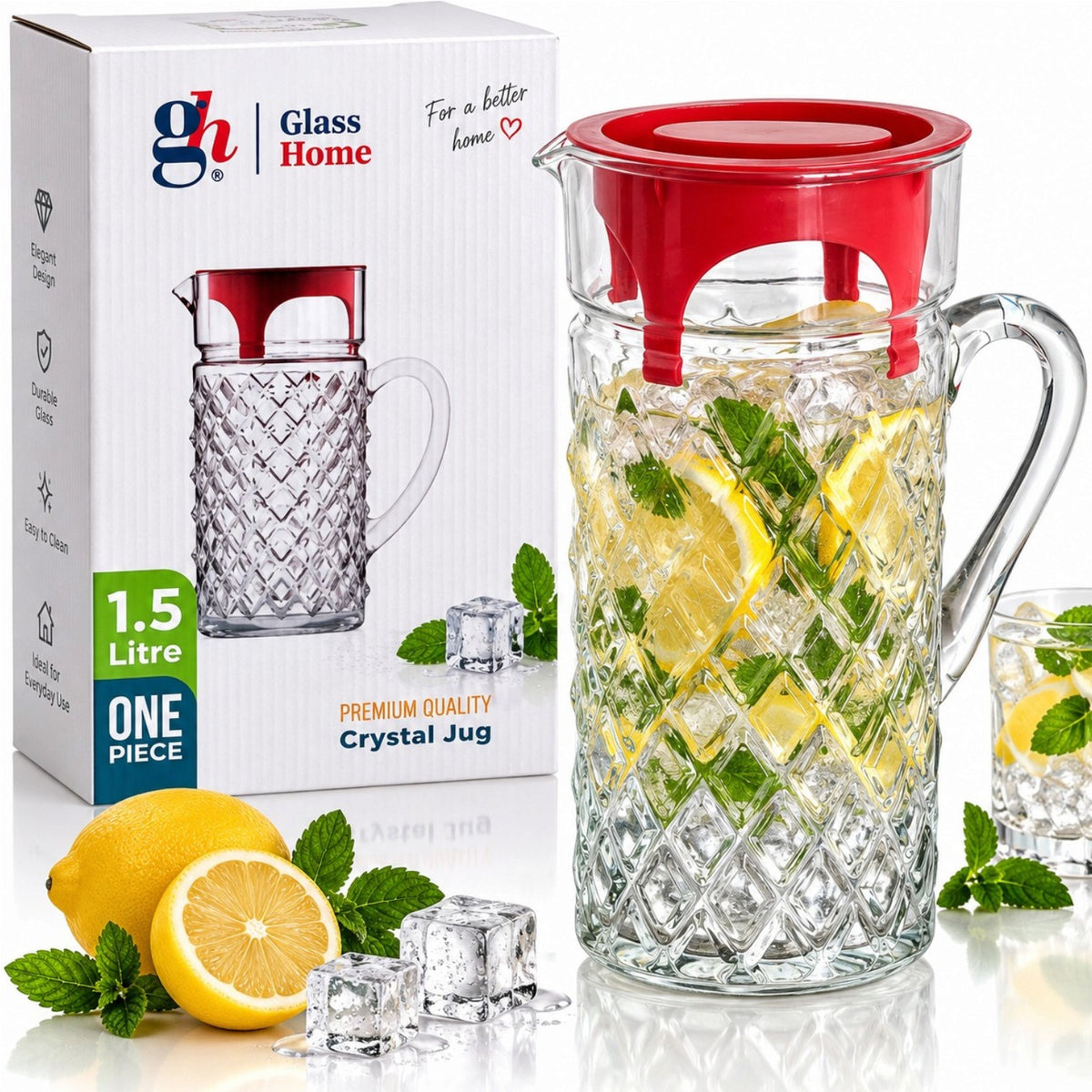 Carafa din Sticla Crystal Jug 1.5L, 21.5x11cm, cu Maner si Capac Detasabil din Plastic, Model Romburi Engros