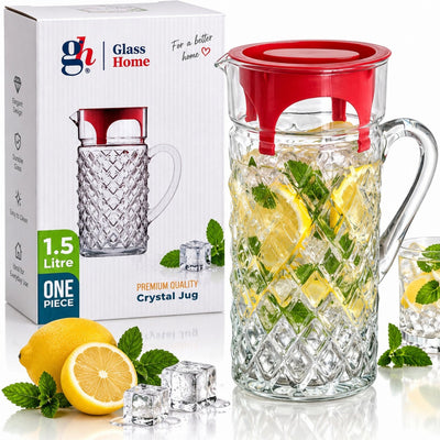 Carafa din Sticla Crystal Jug 1.5L, 21.5x11cm, cu Maner si Capac Detasabil din Plastic, Model Romburi Engros