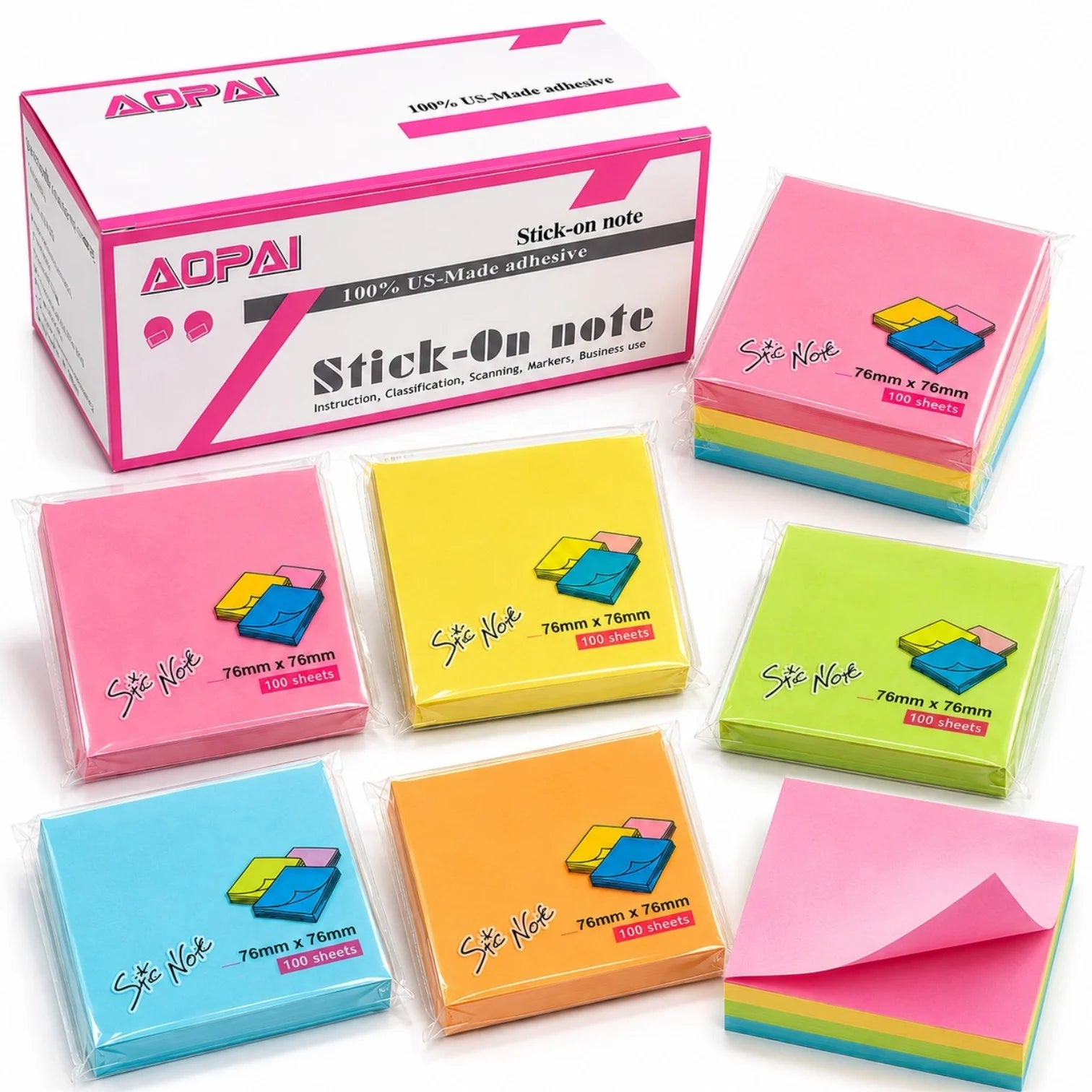 Notite Adezive 76x76mm, 100 File/Set, 12 Seturi, Diferite Culori Engros